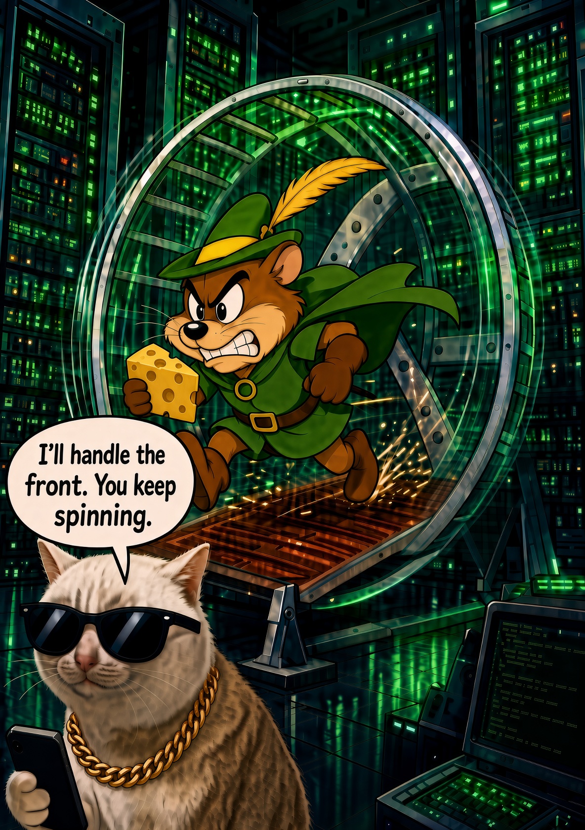 RobinHam the hamster sprinting in a titanium wheel inside a green-lit server room, with Cash Cat in sunglasses and a gold chain in the foreground saying 'I'll handle the front. You keep spinning.'
